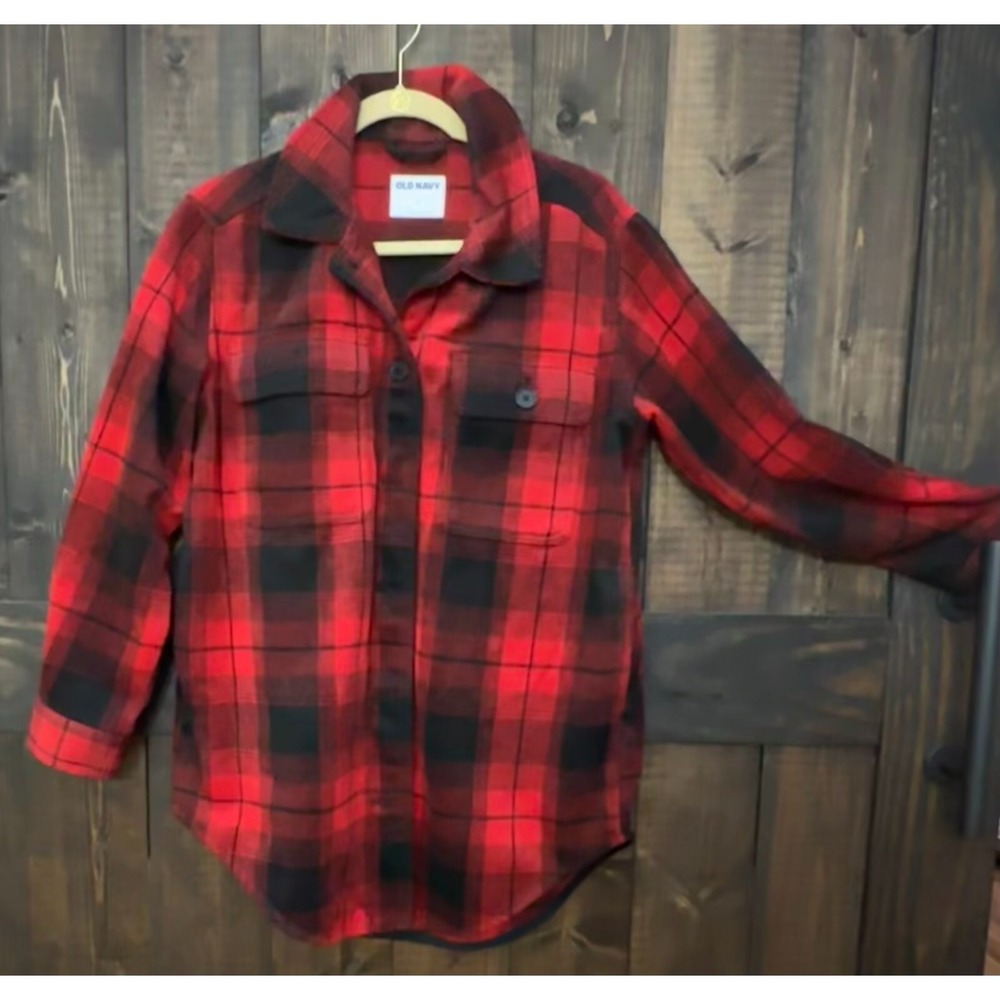 Old Navy Shacket Womens M Red Plaid Button Flannel Heavy Outdoor Knit Camping
